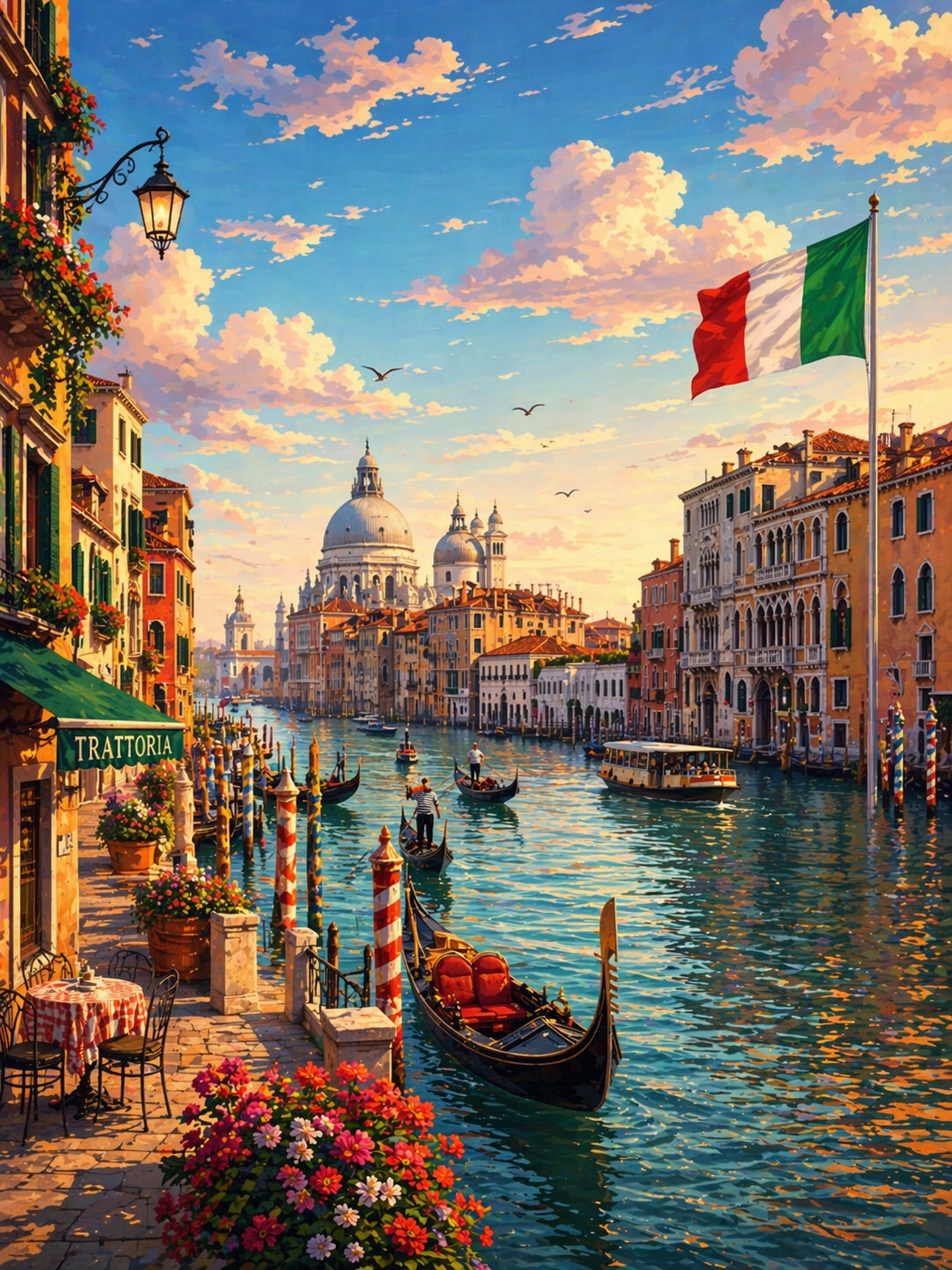 Germany riverside city with historic European buildings, cafés, flowers, boats, and scenic sunset waterfront