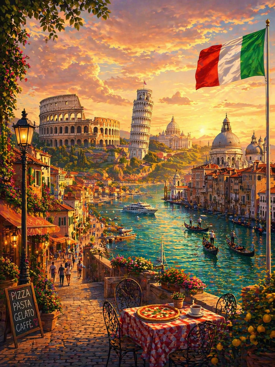Italy illustration featuring the Colosseum, Leaning Tower of Pisa, Venice canals with gondolas, historic buildings, and Italian flag at sunset
