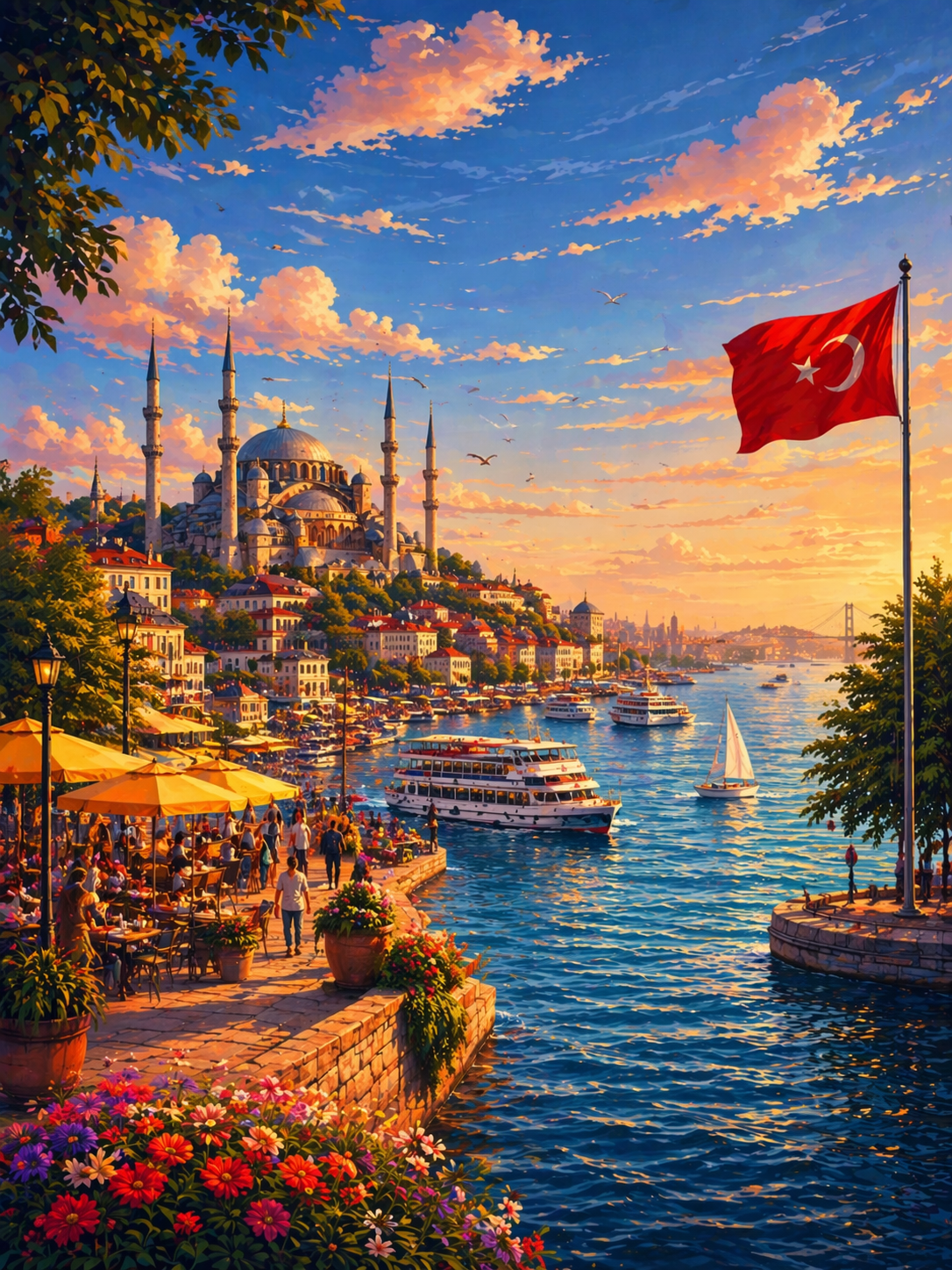 Turkey, Istanbul skyline with Blue Mosque, Bosphorus waterfront, boats, cafes, and Turkish flag at sunset