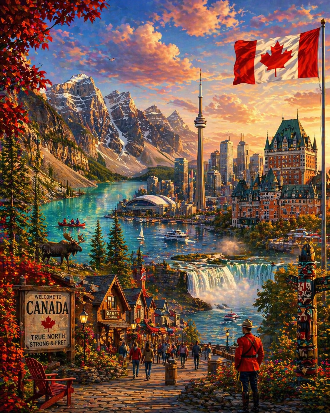 Explore Canada through a stunning illustration featuring the CN Tower, Rocky Mountains, Niagara Falls, and vibrant city life—perfect for study abroad and travel inspiration.