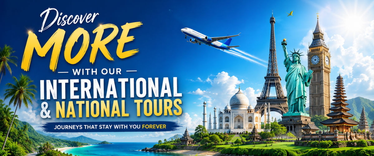 A vibrant 3D promotional banner for Haleema Consultant displaying a passenger airplane flying over a bright, scenic tropical coastline and turquoise ocean. The central bold text reads: "Explore The World - Book Your Air Tickets - Visit Visa Now - Make memories around the world."