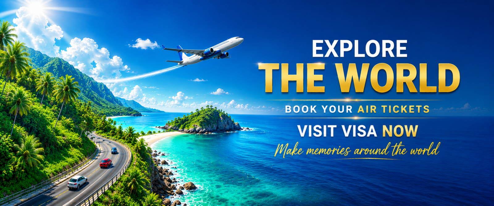 Professional travel consultancy banner showcasing Umrah services, global air tickets, study and visit visa support, and international tourism options for Turkey, Azerbaijan, and Malaysia.