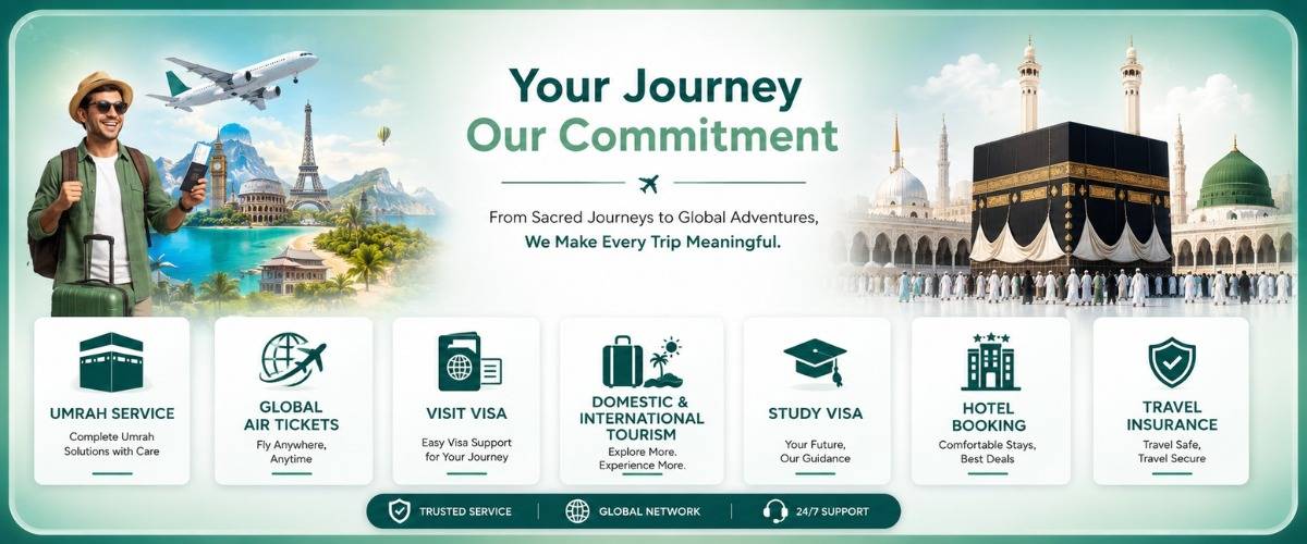 Professional travel consultancy banner showcasing Umrah services, global air tickets, study and visit visa support, and international tourism options for Turkey, Azerbaijan, and Malaysia.